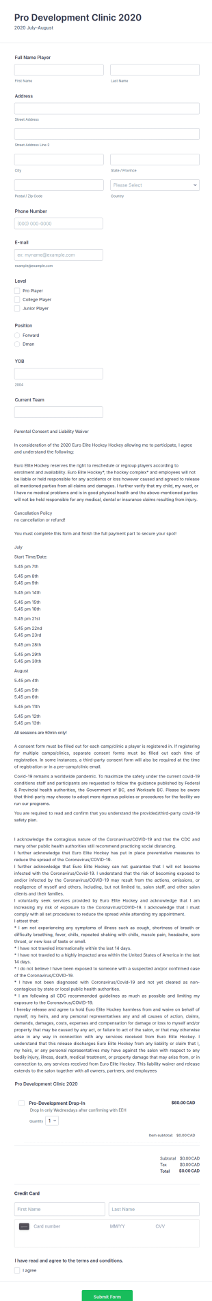 Hockey Camp Registration Form Template