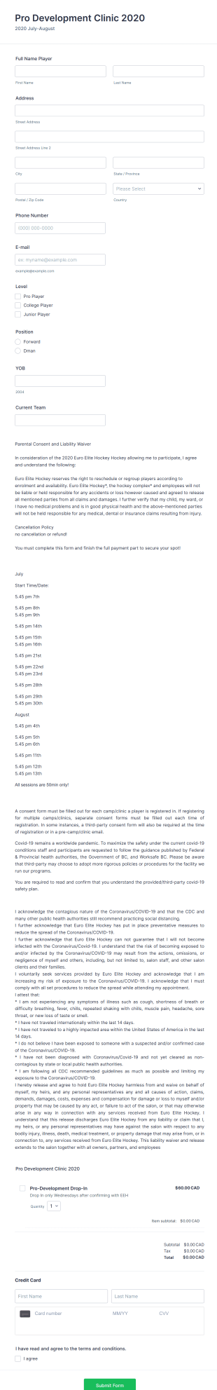 Hockey Camp Registration Form Template