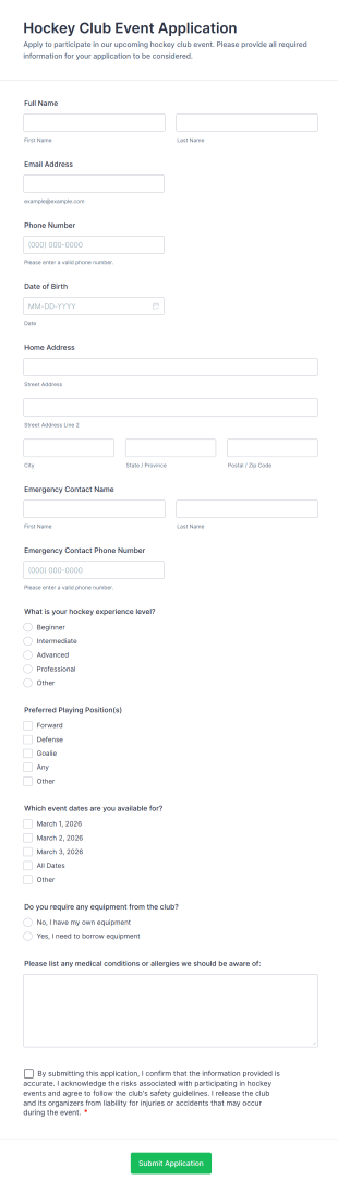 Hockey Club Event Application Form Template