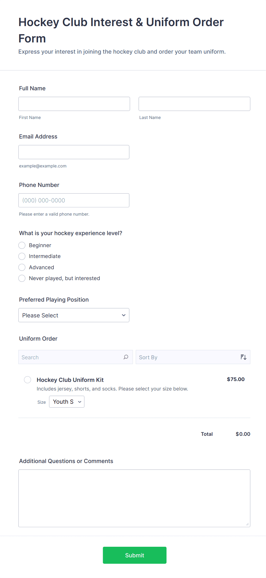 Hockey Club Interest & Uniform Order Form Template | Jotform