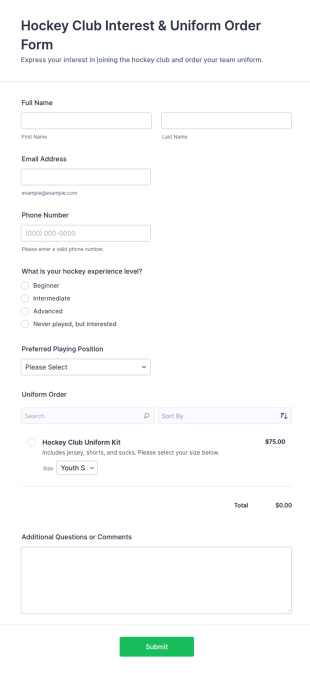 Hockey Club Interest & Uniform Order Form Template