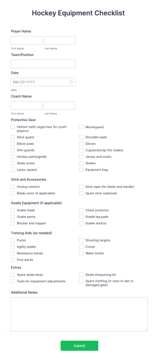 Hockey Equipment Checklist Form Template