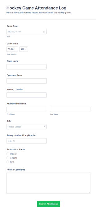 Hockey Game Attendance Log Form Template