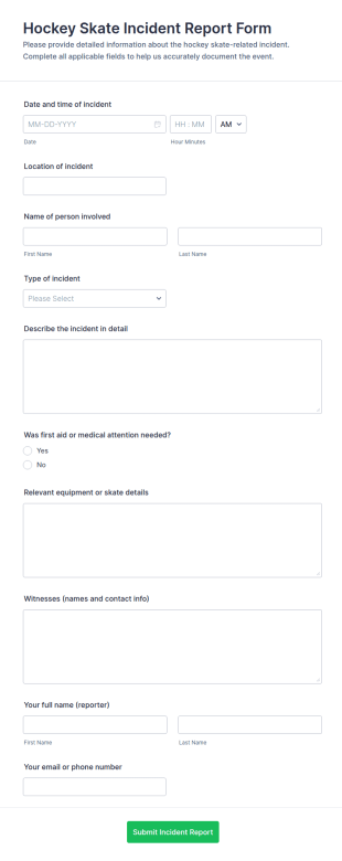 Hockey Skate Incident Report Form Template