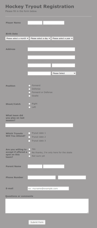 Hockey Tryout Registration Form Template