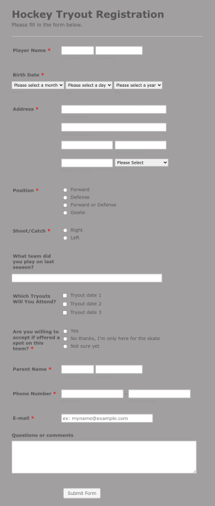 Hockey Tryout Registration Form Template