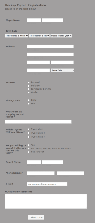 Hockey Tryout Registration Form Template