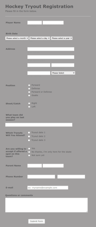 Hockey Tryout Registration Form Template