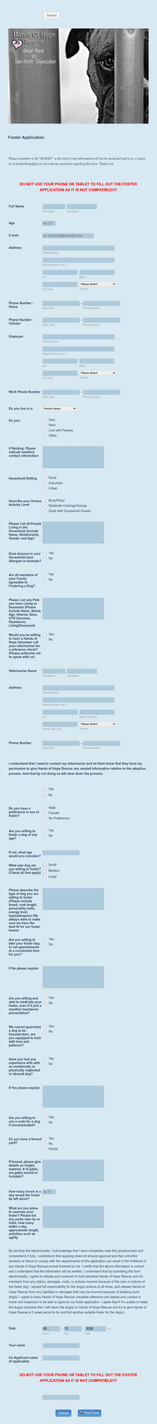 Animal Foster Application Form Template