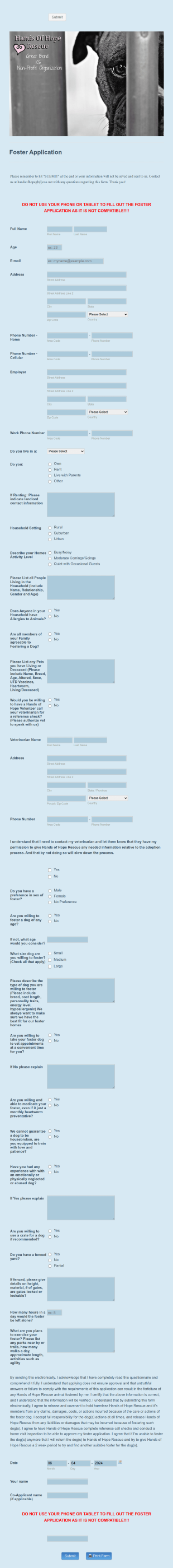Animal Foster Application Form Template