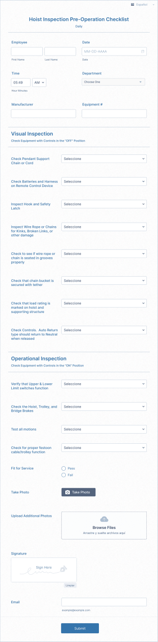Hoist Inspection Pre Operation Checklist Form Template