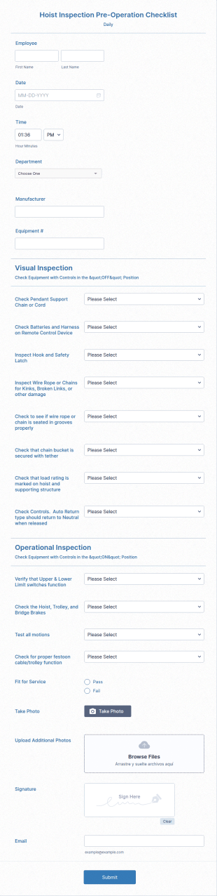 Hoist Inspection Pre Operation Checklist Form Template