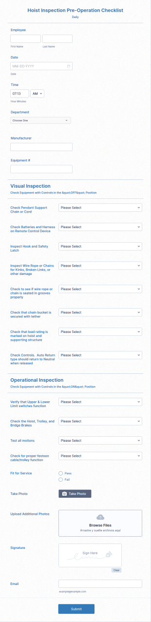 Hoist Inspection Pre Operation Checklist Form Template