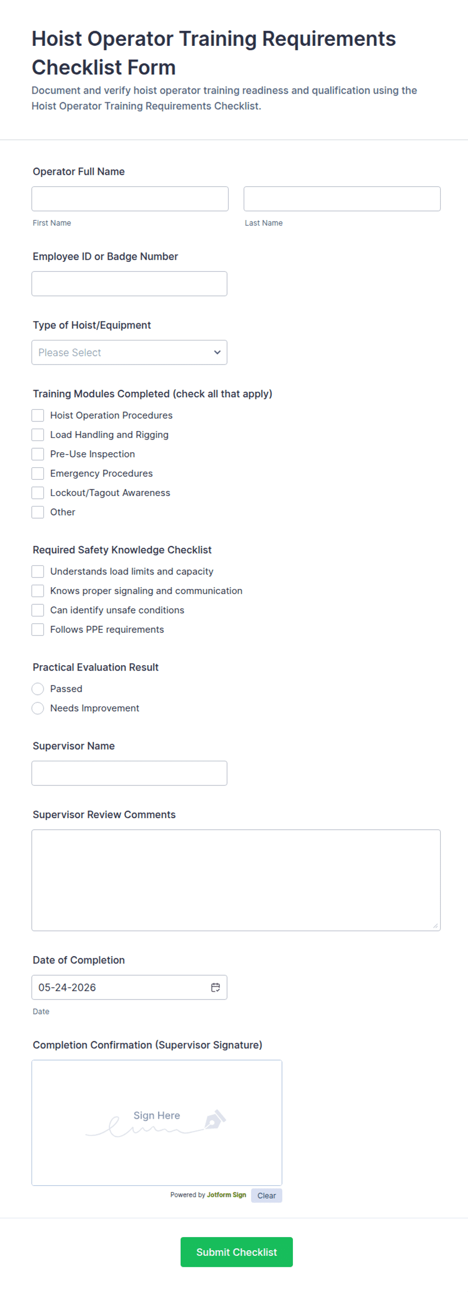 Operator Customization Requirements Hoist Operator Training Requirements Checklist Form Template | Jotform