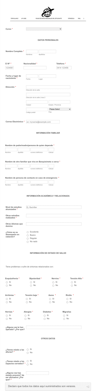 Hoja De Datos Personales Del Estudiante