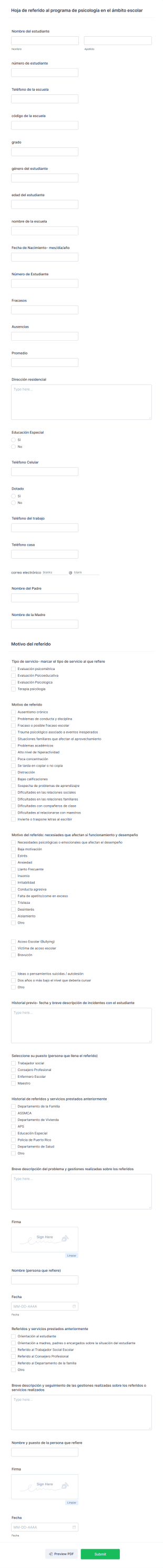 Hoja De Referido Al Programa De Psicología En El ámbito Escolar