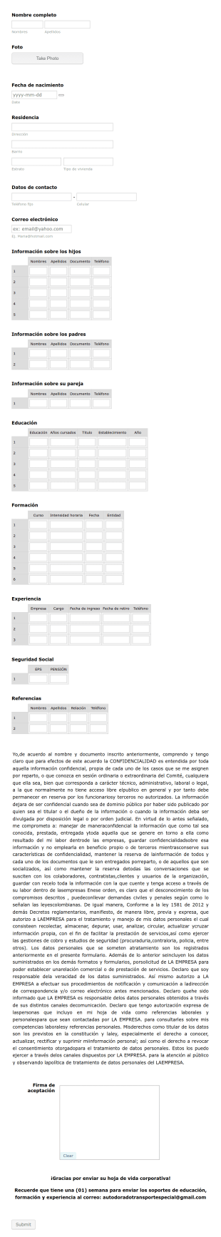 Hoja De Vida Corporativa Y Acuerdo De Confidencialidad