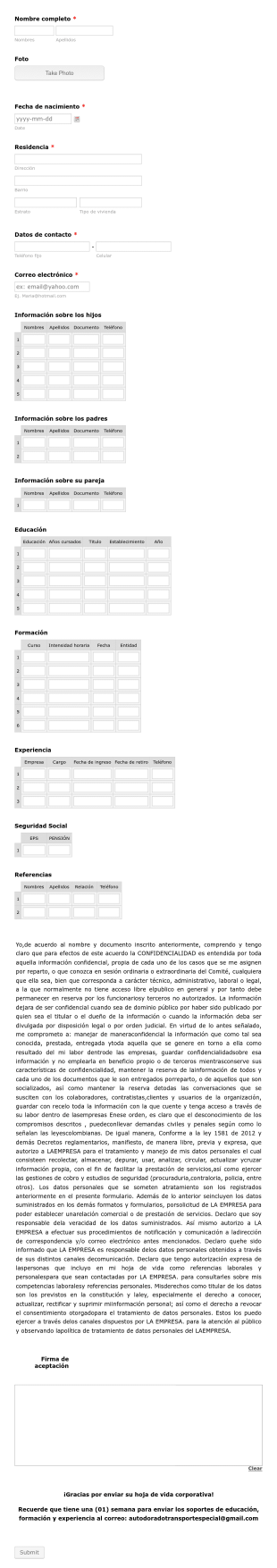 Hoja De Vida Corporativa Y Acuerdo De Confidencialidad Form Template