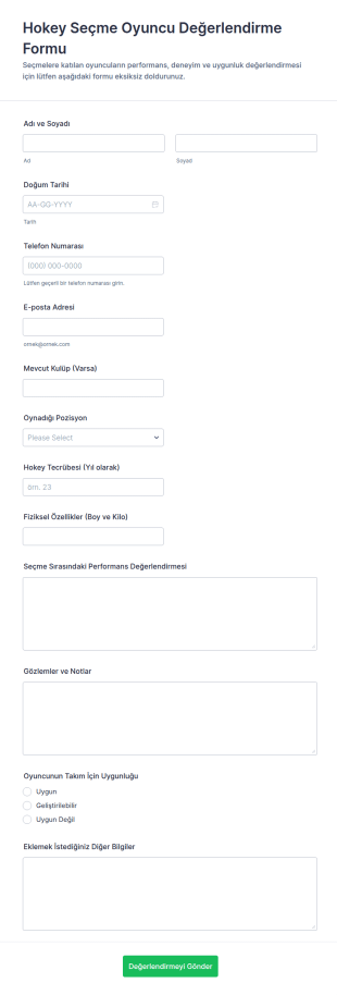 Hokey Deneme Değerlendirme Anketi Form Şablonu