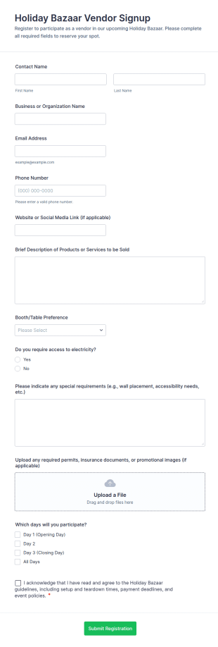 Holiday Bazaar Vendor Signup Form Template