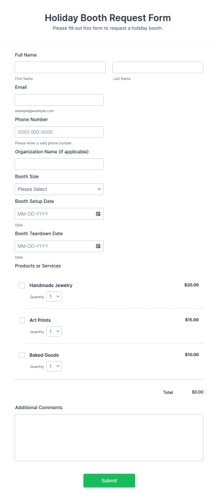 Holiday Booth Request Form Template
