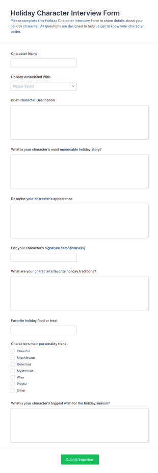 Holiday Character Interview Form Template