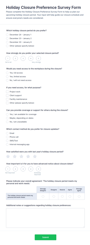 Holiday Closure Preference Survey Form Template