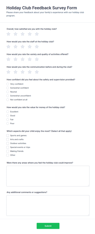 Holiday Club Feedback Survey Form Template