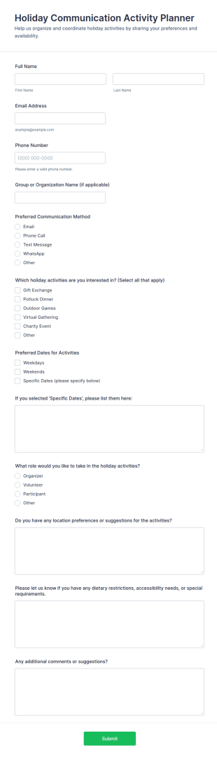 Holiday Communication Activity Planner Form Template