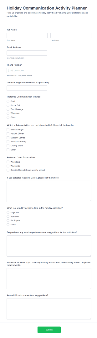 Holiday Communication Activity Planner Form Template