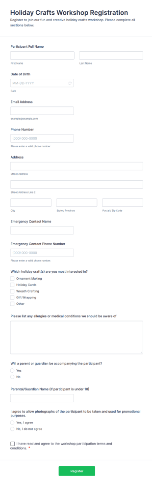 Holiday Crafts Workshop Registration Form Template