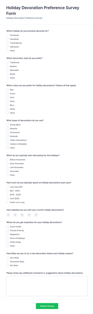 Holiday Decoration Preference Survey Form Template