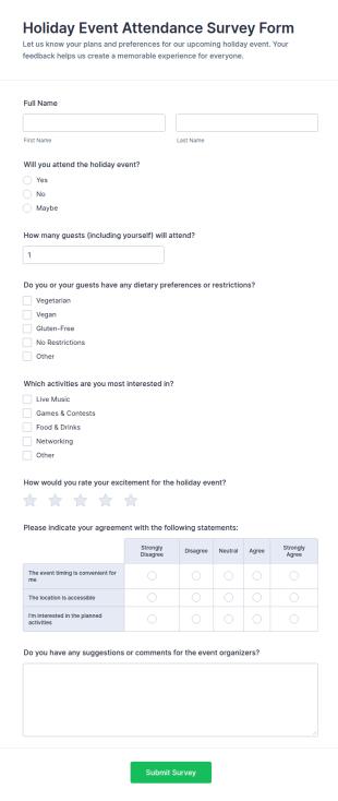 Holiday Event Attendance Survey Form Template