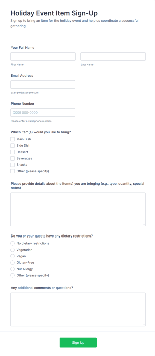 Holiday Event Item Sign Up Form Template