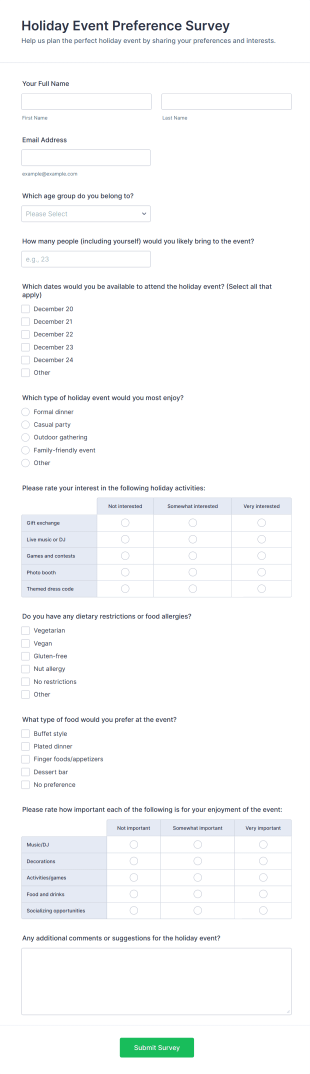 Holiday Event Preference Survey Form Template