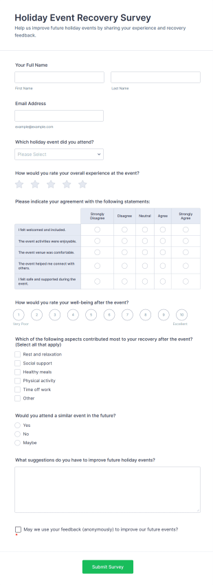 Holiday Event Recovery Survey Form Template