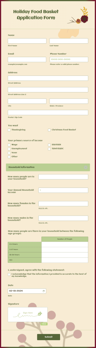 Holiday Food Basket Application Form Template