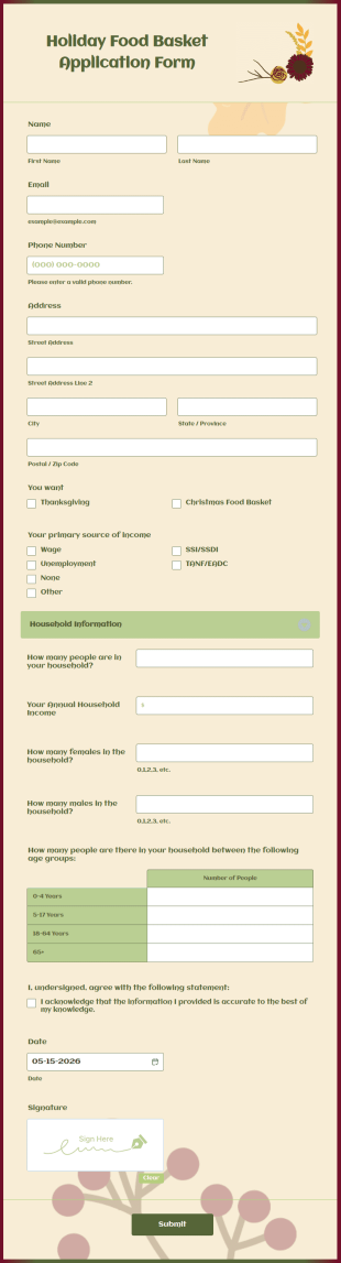 Holiday Food Basket Application Form Template