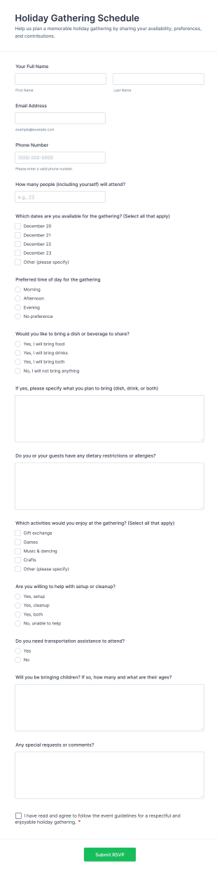 Holiday Gathering Schedule Form Template
