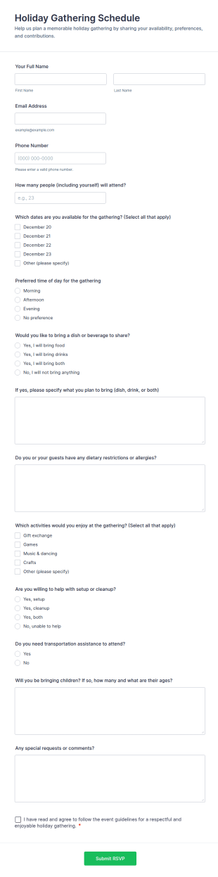 Holiday Gathering Schedule Form Template