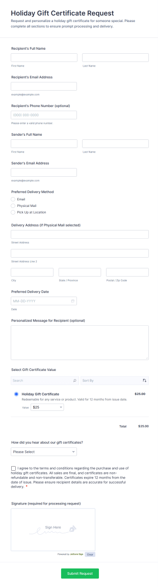 Holiday Gift Certificate Request Form Template