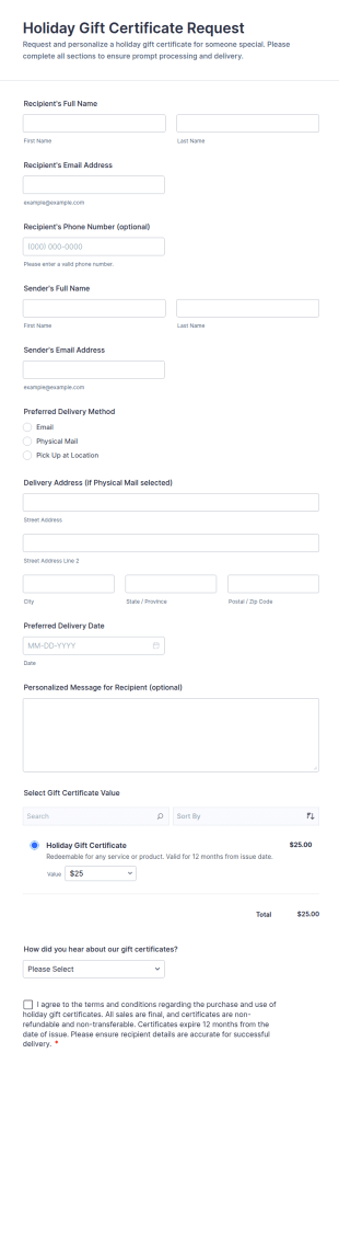 Holiday Gift Certificate Request Form Template
