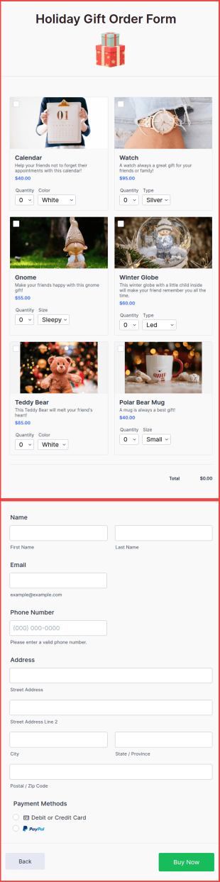 Holiday Gift Order Form Template