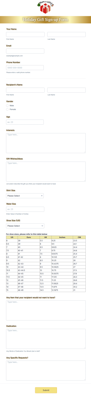 Holiday Gift Sign Up Form Template