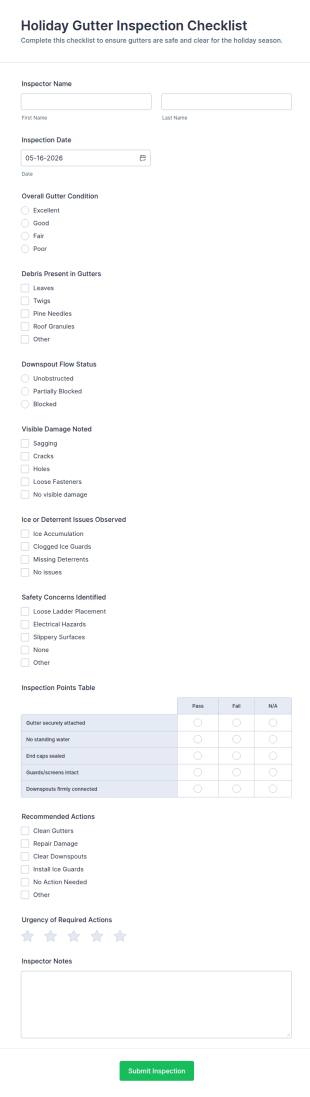 Holiday Gutter Inspection Checklist Form Template