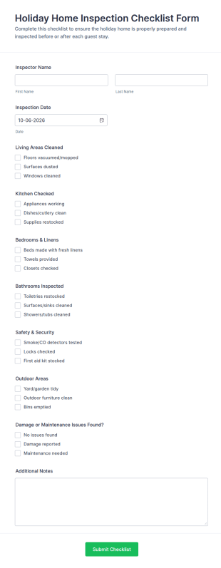 Holiday Home Inspection Checklist Form Template