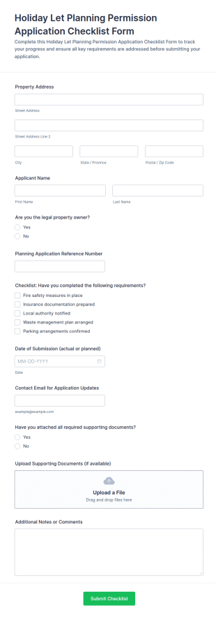 Holiday Let Planning Permission Application Checklist Form Template