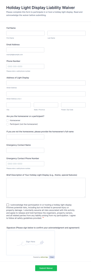 Holiday Light Display Liability Waiver Form Template
