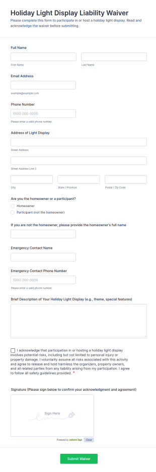 Holiday Light Display Liability Waiver Form Template