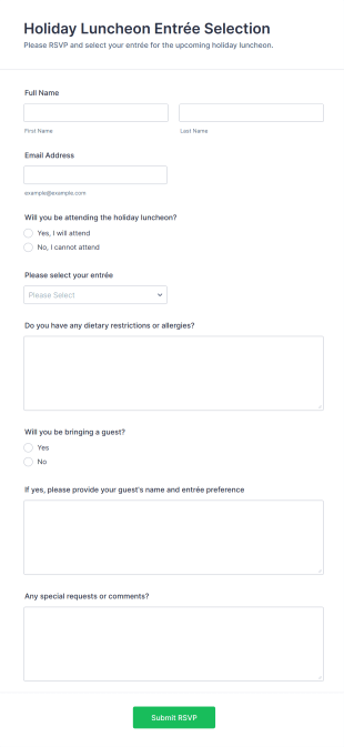 Holiday Luncheon Entrée Selection Form Template